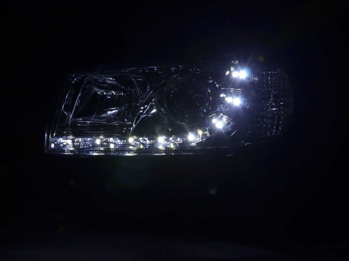 Scheinwerfer Set Daylight LED TFL-Optik VW Bus Typ T4 96-03 chrom für Rechtslenker Scheinwerfer Set Daylight LED TFL-Optik VW Bus Typ T4 96-03 chrom für Rechtslenker